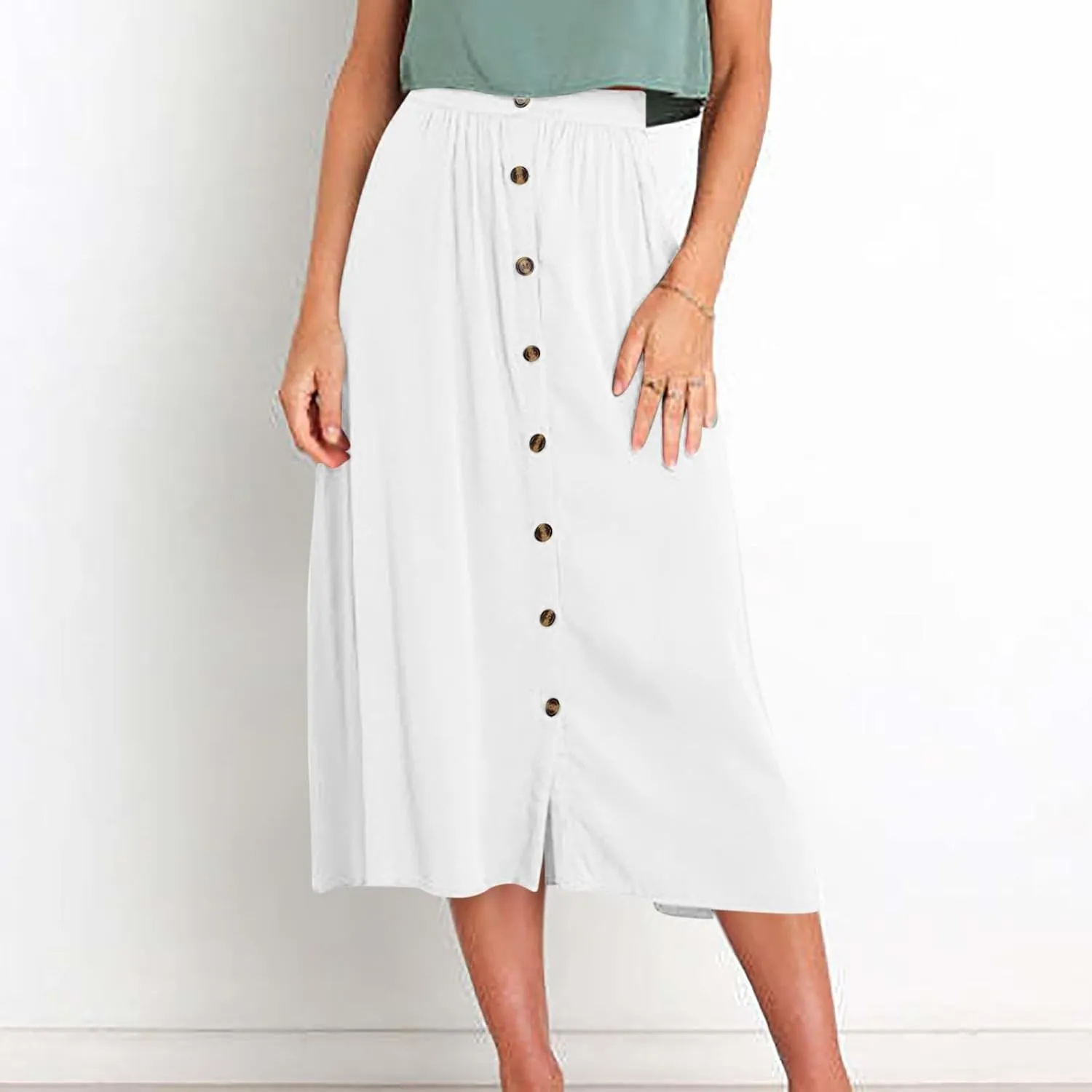 Oplxuo Womens Casual Summer Skirts Front Button A-Line High Waisted Midi Skirt with Pockets