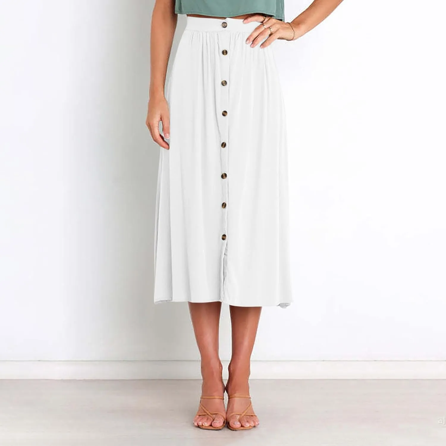 Oplxuo Womens Casual Summer Skirts Front Button A-Line High Waisted Midi Skirt with Pockets
