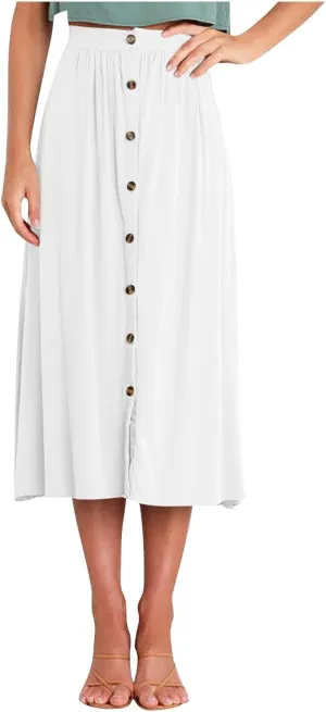 Oplxuo Womens Casual Summer Skirts Front Button A-Line High Waisted Midi Skirt with Pockets