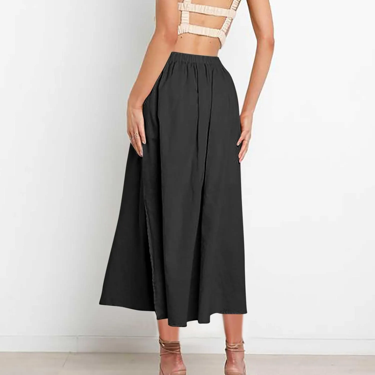 Oplxuo Women's High Elastic Waist Maxi Skirts Casual Loose A-Line Flowy Swing Long Skirt with Pockets