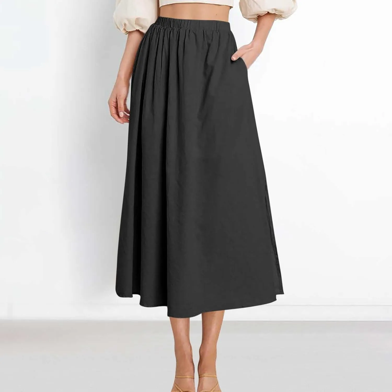 Oplxuo Women's High Elastic Waist Maxi Skirts Casual Loose A-Line Flowy Swing Long Skirt with Pockets