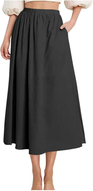 Oplxuo Women's High Elastic Waist Maxi Skirts Casual Loose A-Line Flowy Swing Long Skirt with Pockets