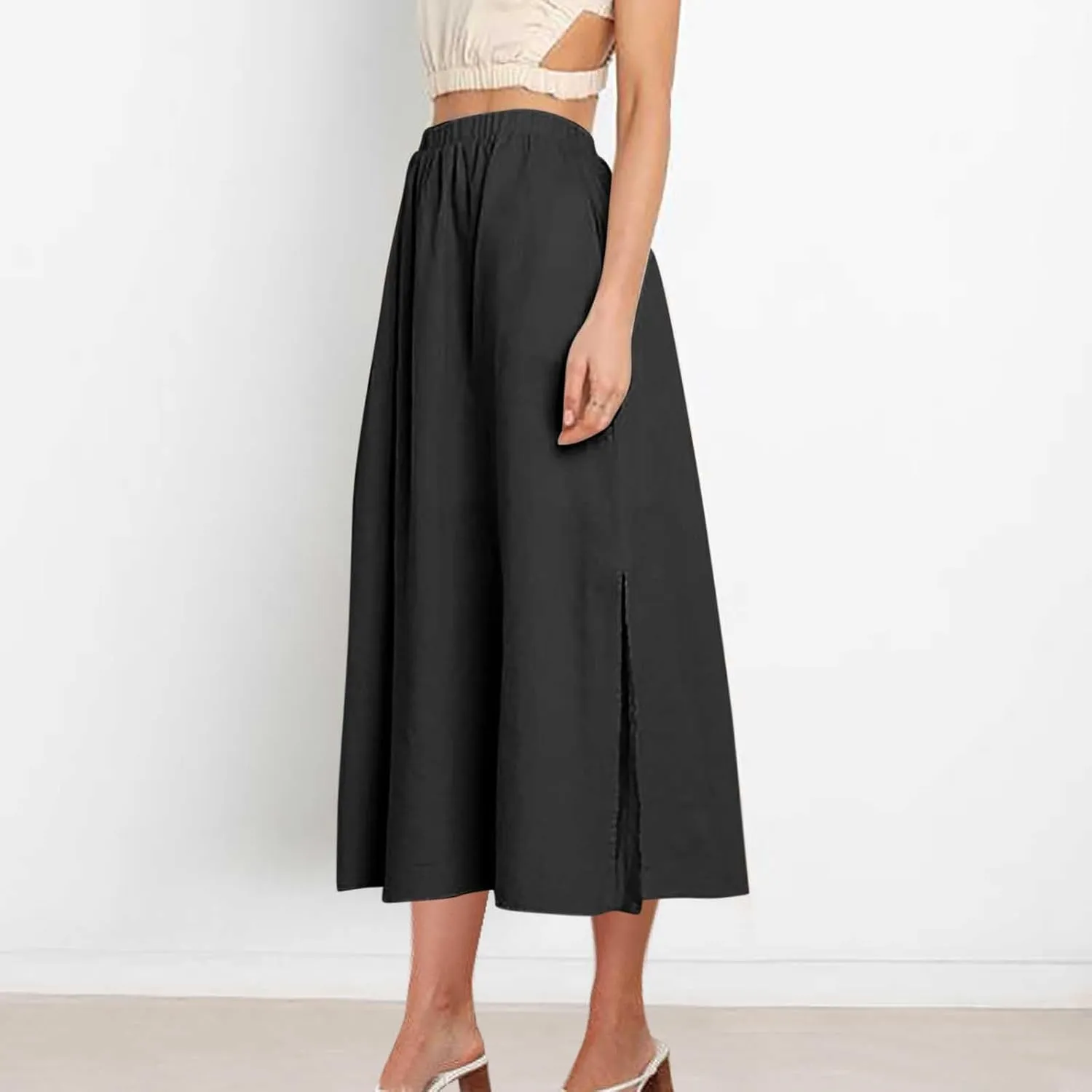Oplxuo Women's High Elastic Waist Maxi Skirts Casual Loose A-Line Flowy Swing Long Skirt with Pockets