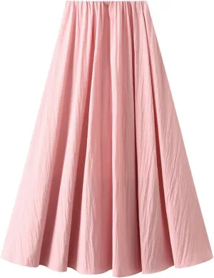 Oplxuo Women's Plain Long Skirt Elastic High Waisted Pleated A Line Midi Skirts Solid Color Casual Party Skirts