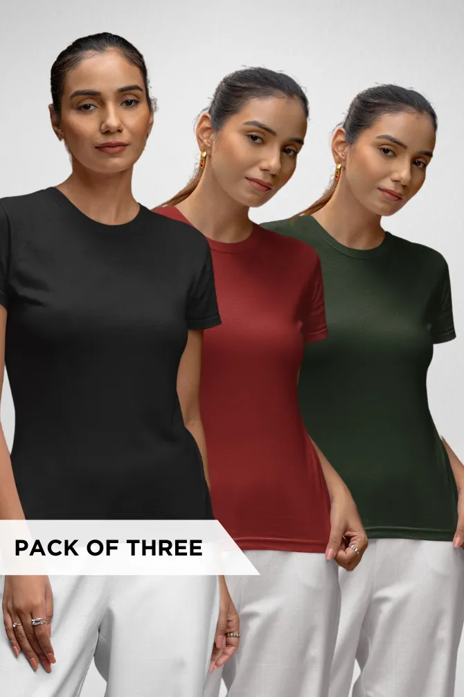 Pack Of 3 Plain T-shirts Black Red and Bottle Green for Women