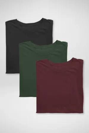 Pack Of 3 Plain T-shirts Black Red and Bottle Green for Women