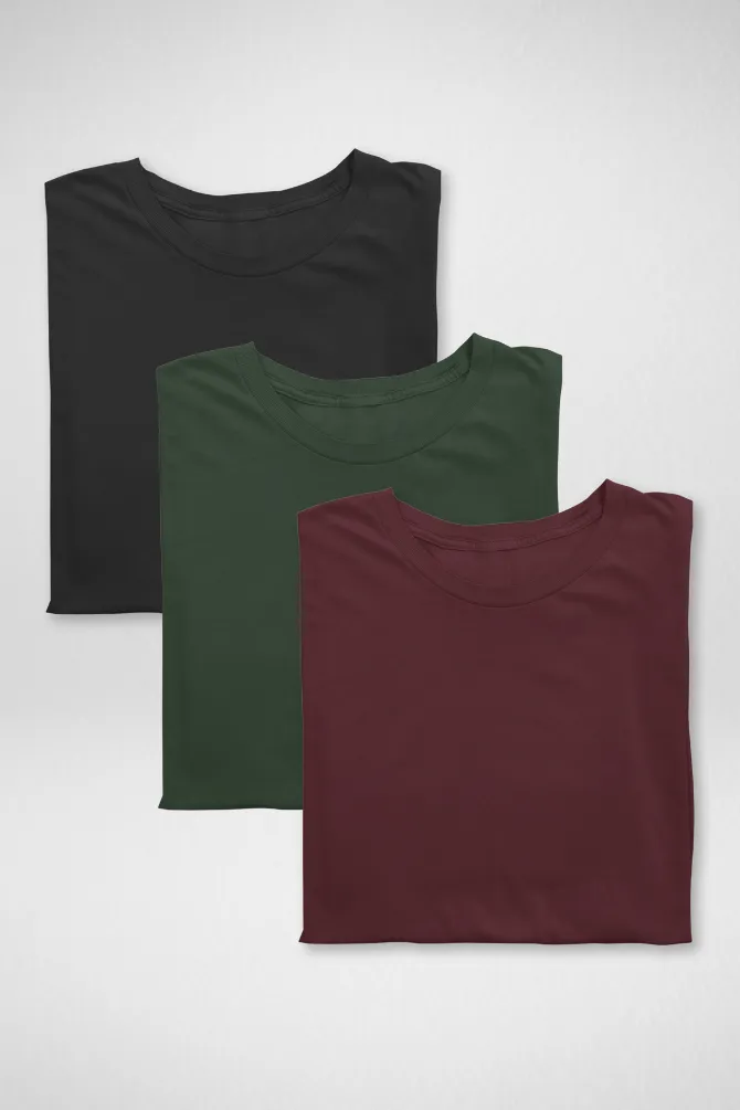 Pack Of 3 Plain T-shirts Black Red and Bottle Green for Women