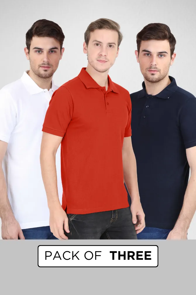 Pack Of 3 Polo T-Shirts White Navy Blue and Brick Red for Men