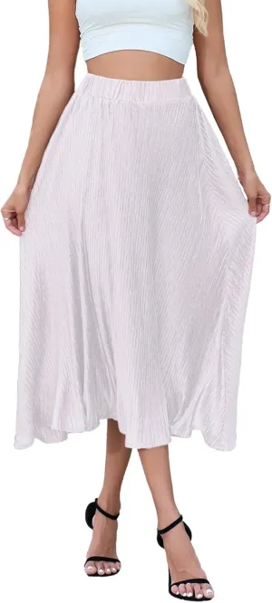 Pleated Skirt for Women Midi High Waisted A-Line Swing Skirt Wrinkle Resistant Lightweight for Casual Elegant Wear