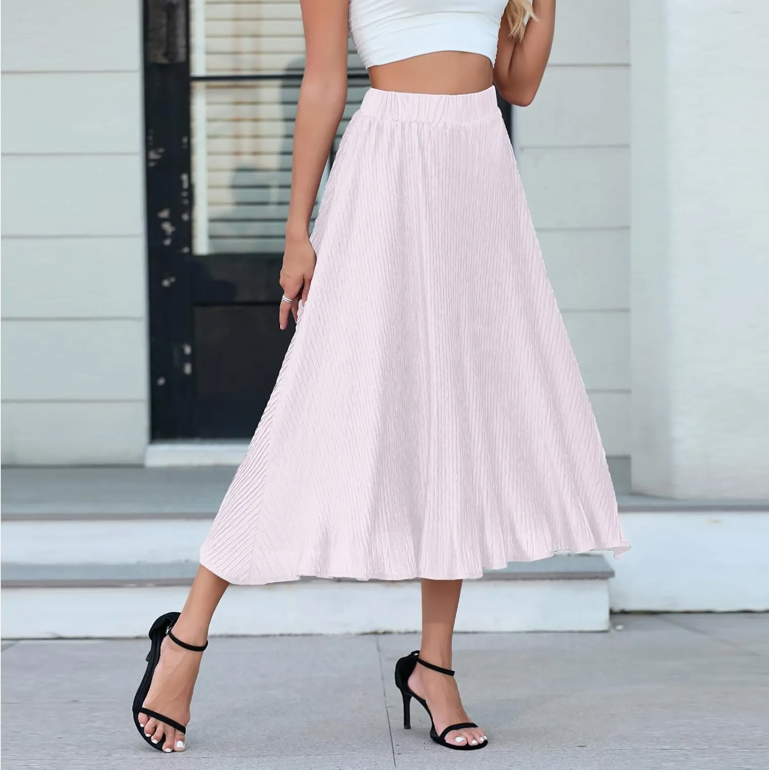 Pleated Skirt for Women Midi High Waisted A-Line Swing Skirt Wrinkle Resistant Lightweight for Casual Elegant Wear
