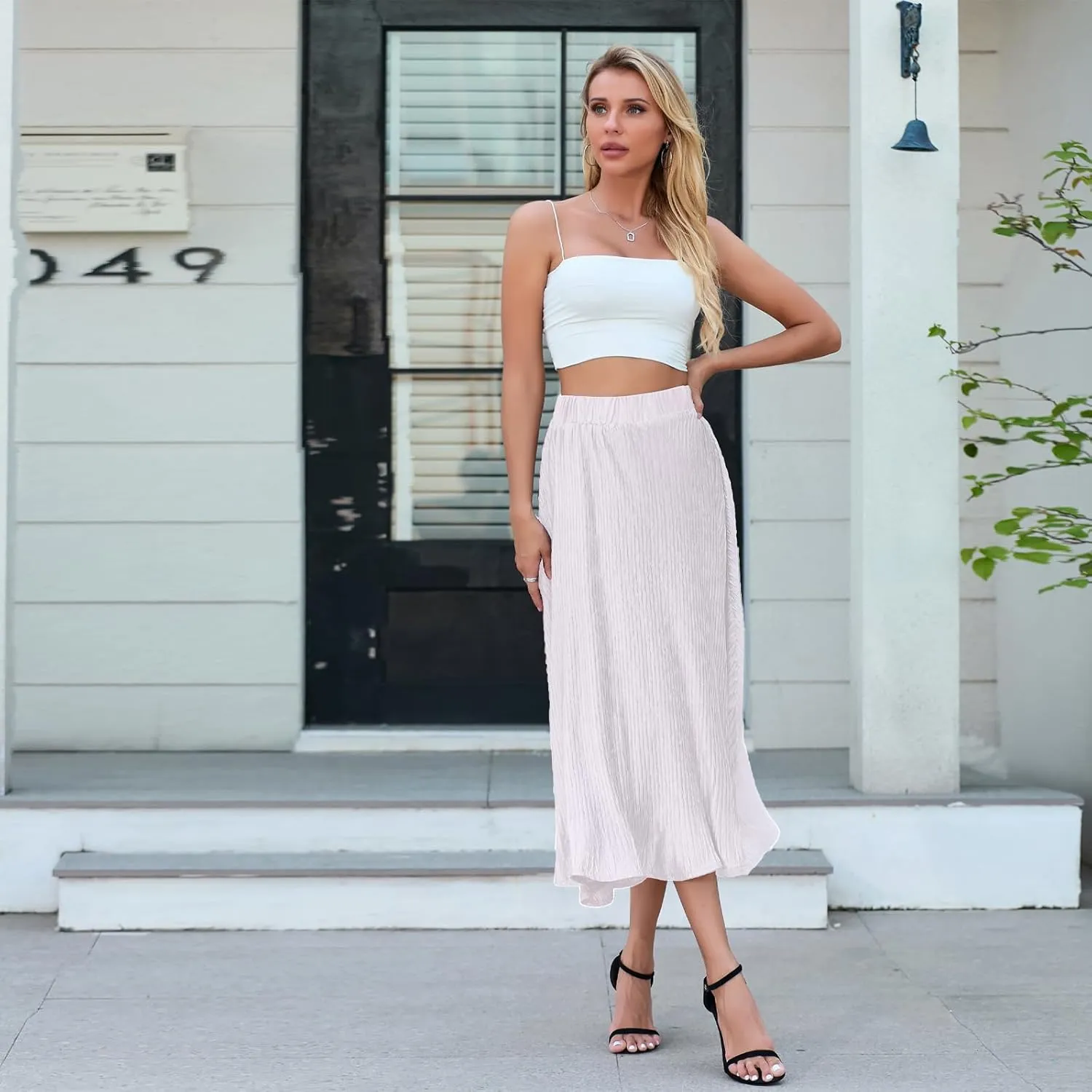 Pleated Skirt for Women Midi High Waisted A-Line Swing Skirt Wrinkle Resistant Lightweight for Casual Elegant Wear