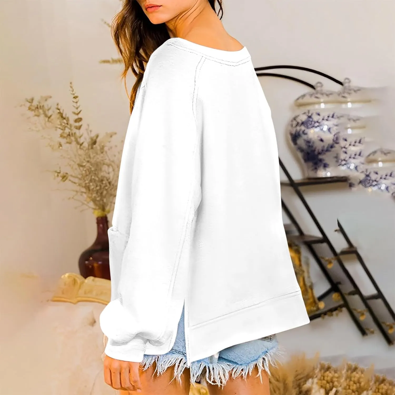 Pockets Hoodies for Women Long Sleeve Side Slit Sweatshirt Solid Crew Neck Pullover Top Dressy Casual Loose Outfits