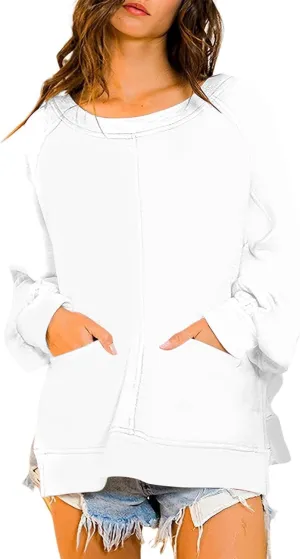 Pockets Hoodies for Women Long Sleeve Side Slit Sweatshirt Solid Crew Neck Pullover Top Dressy Casual Loose Outfits