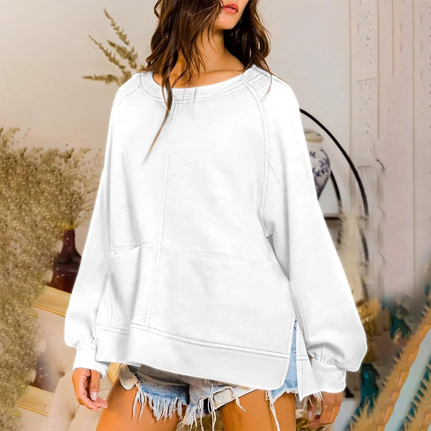 Pockets Hoodies for Women Long Sleeve Side Slit Sweatshirt Solid Crew Neck Pullover Top Dressy Casual Loose Outfits