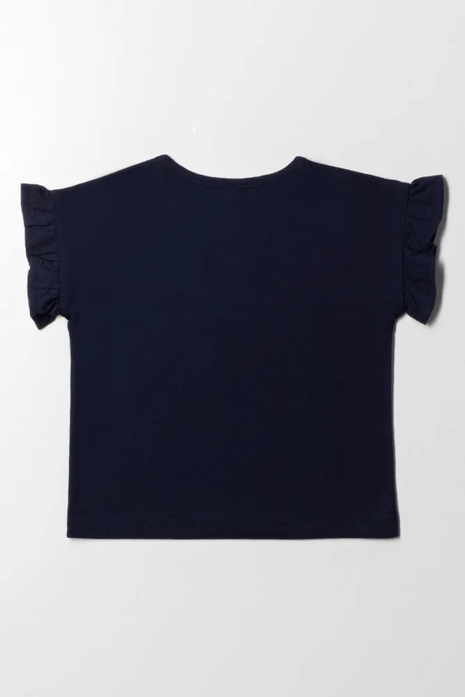 Printed T-Shirt With Frill Sleeve Navy