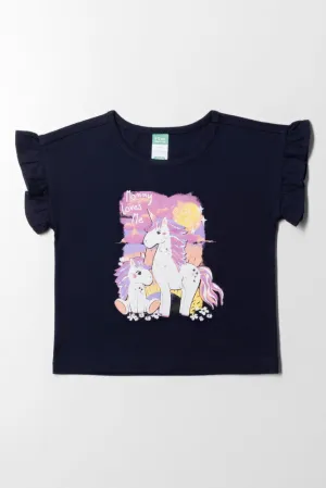 Printed T-Shirt With Frill Sleeve Navy