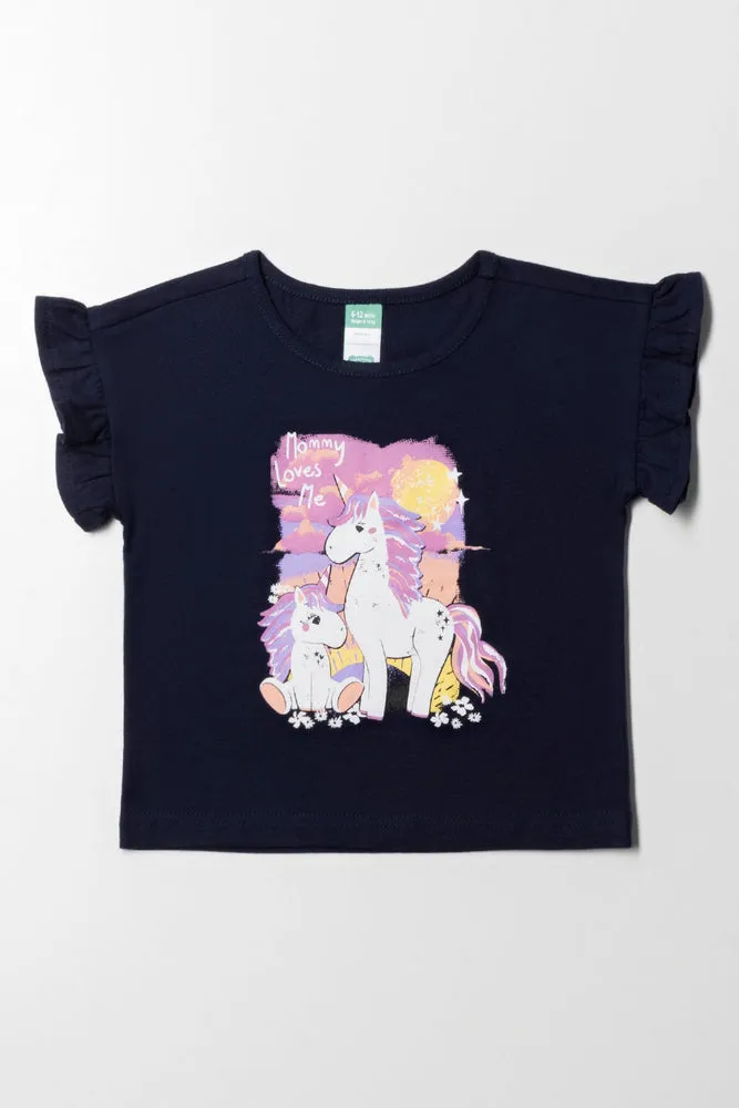 Printed T-Shirt With Frill Sleeve Navy
