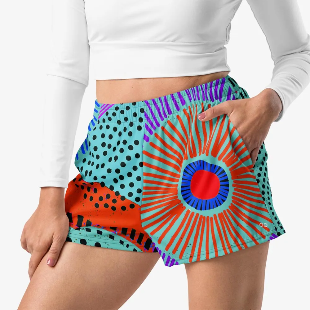 Recycled Breathy Shorts "Ethno Pop" Turquoise/Red