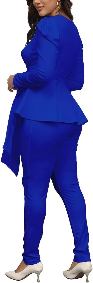 Remelon 2 Piece Outfits for Women Blazer with Pants Deep V Long Sleeve Slim Fit Ruffle Pelplum Business Suit