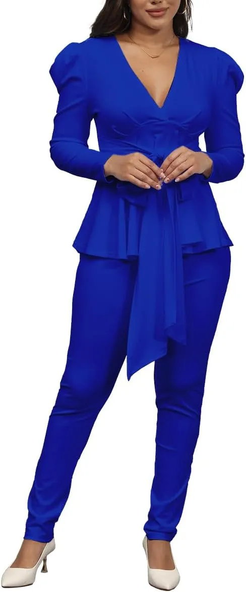Remelon 2 Piece Outfits for Women Blazer with Pants Deep V Long Sleeve Slim Fit Ruffle Pelplum Business Suit