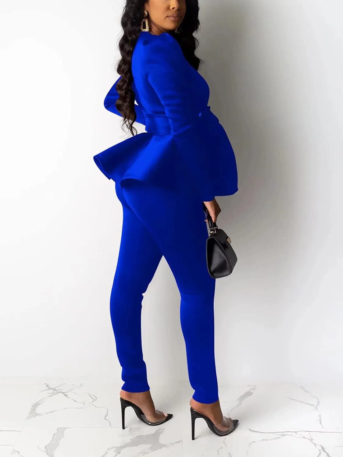 Remelon 2 Piece Outfits for Women Blazer with Pants Deep V Long Sleeve Slim Fit Ruffle Pelplum Business Suit