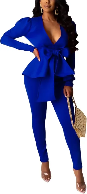 Remelon 2 Piece Outfits for Women Blazer with Pants Deep V Long Sleeve Slim Fit Ruffle Pelplum Business Suit