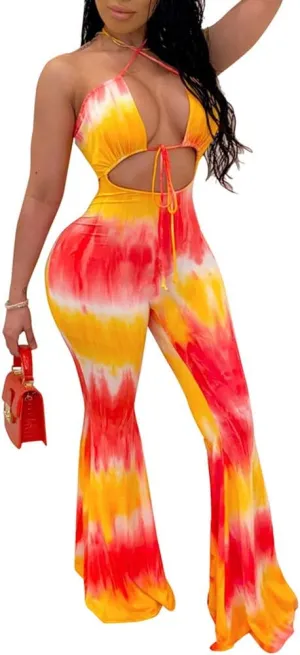 Remelon Womens Spaghetti Strap Halter Tie Dye Print Cut Out Bodycon Bell Flare Pants Club Party One Piece Jumpsuits Rompers