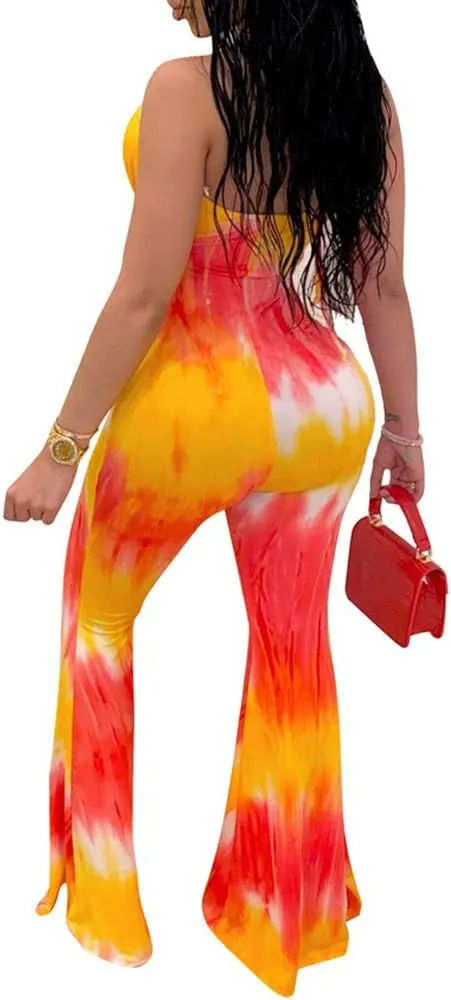 Remelon Womens Spaghetti Strap Halter Tie Dye Print Cut Out Bodycon Bell Flare Pants Club Party One Piece Jumpsuits Rompers