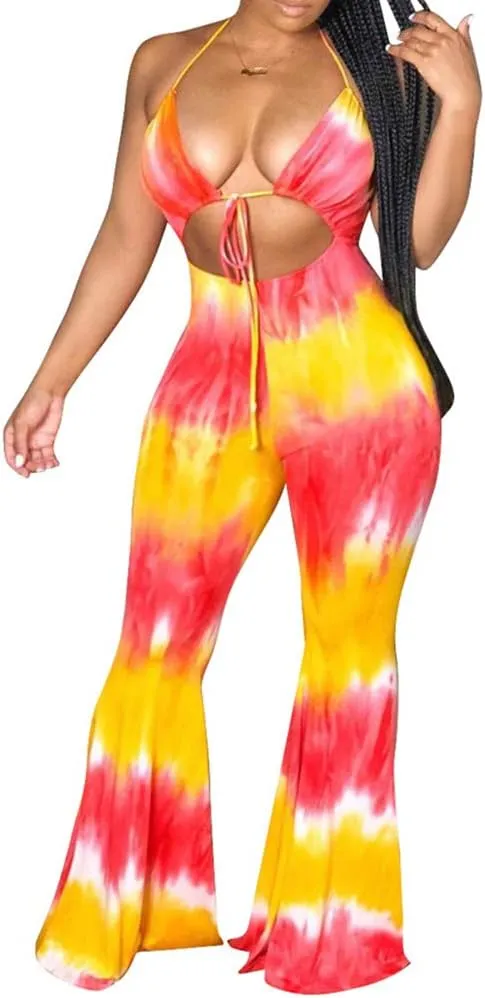 Remelon Womens Spaghetti Strap Halter Tie Dye Print Cut Out Bodycon Bell Flare Pants Club Party One Piece Jumpsuits Rompers