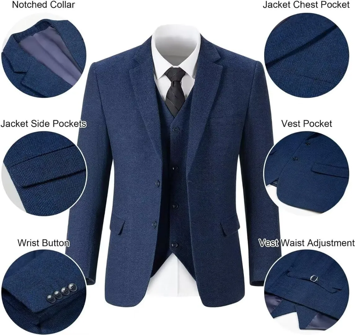 Retro 3 Piece Herringbone Tweed Suit Men's Wool Tuxedos Set Prom Brown Jacket Blazer Vest Pants Themed Wedding