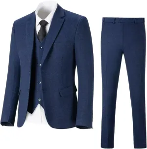 Retro 3 Piece Herringbone Tweed Suit Men's Wool Tuxedos Set Prom Brown Jacket Blazer Vest Pants Themed Wedding