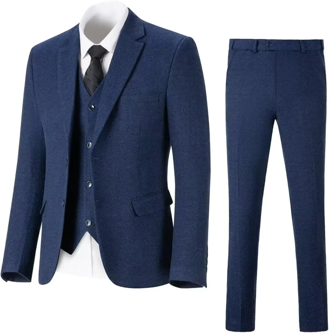 Retro 3 Piece Herringbone Tweed Suit Men's Wool Tuxedos Set Prom Brown Jacket Blazer Vest Pants Themed Wedding