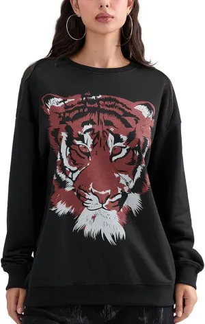 Sastianaen Women Y2k Oversized Graphic Sweatshirt Tiger Print Loose Fit Crew Neck Pullover Top 2024 Vintage Fall Shirt