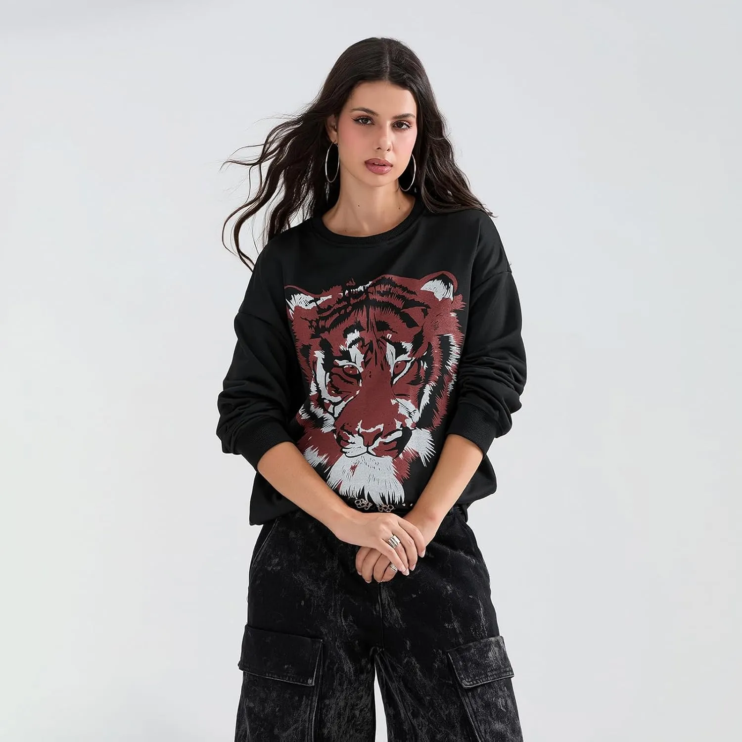 Sastianaen Women Y2k Oversized Graphic Sweatshirt Tiger Print Loose Fit Crew Neck Pullover Top 2024 Vintage Fall Shirt
