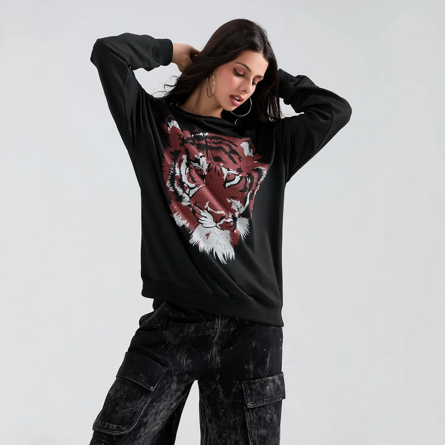 Sastianaen Women Y2k Oversized Graphic Sweatshirt Tiger Print Loose Fit Crew Neck Pullover Top 2024 Vintage Fall Shirt