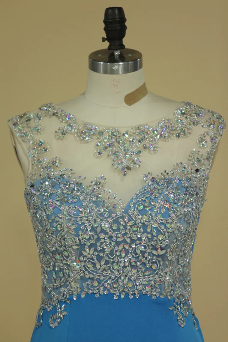 Scoop Mermaid Prom Dresses Beaded Bodice Sweep Train Spandex