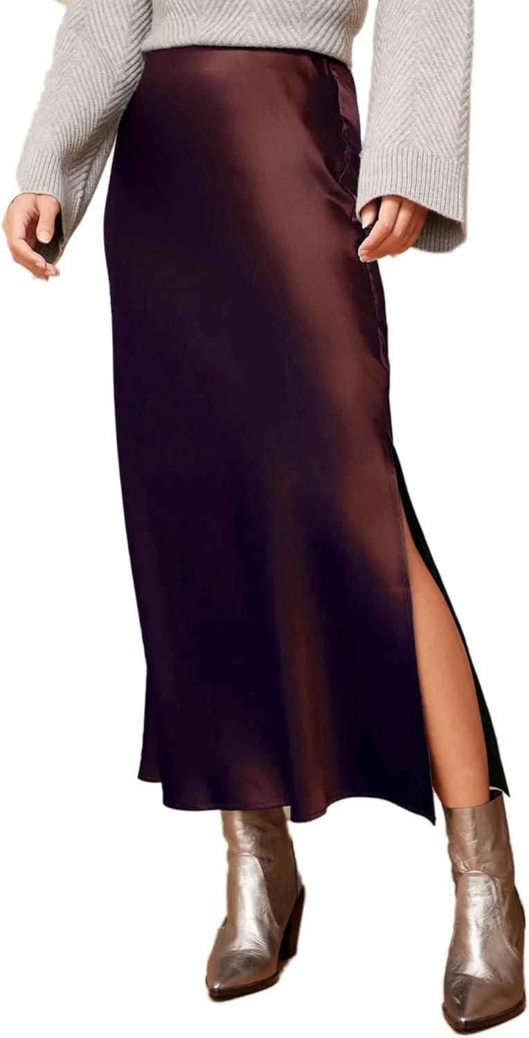 Sheface Women's Satin Silk Side Split Maxi Skirt Hidden Elasticized Waistband Flared A Line Elegant Long Skirts