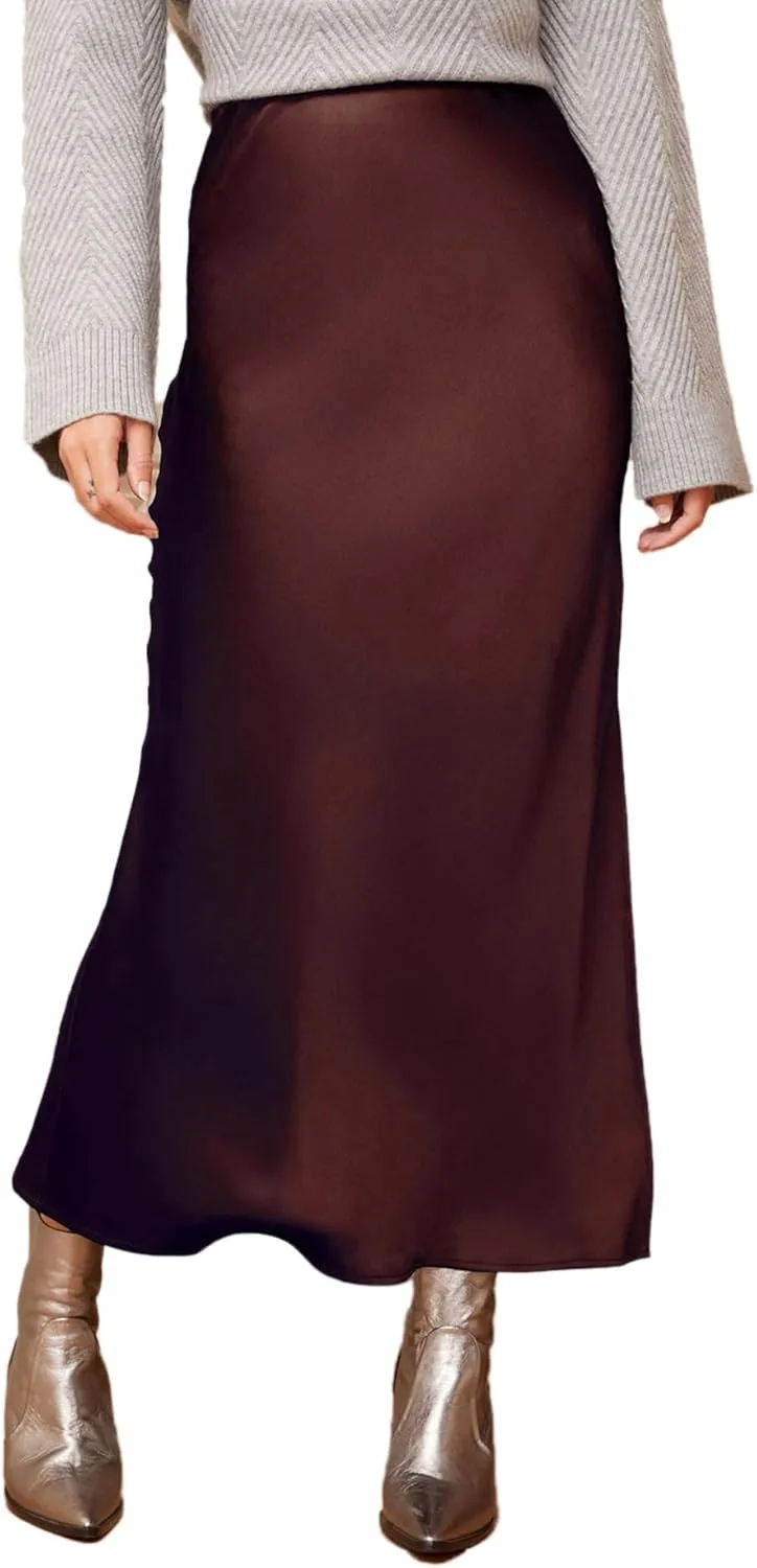 Sheface Women's Satin Silk Side Split Maxi Skirt Hidden Elasticized Waistband Flared A Line Elegant Long Skirts