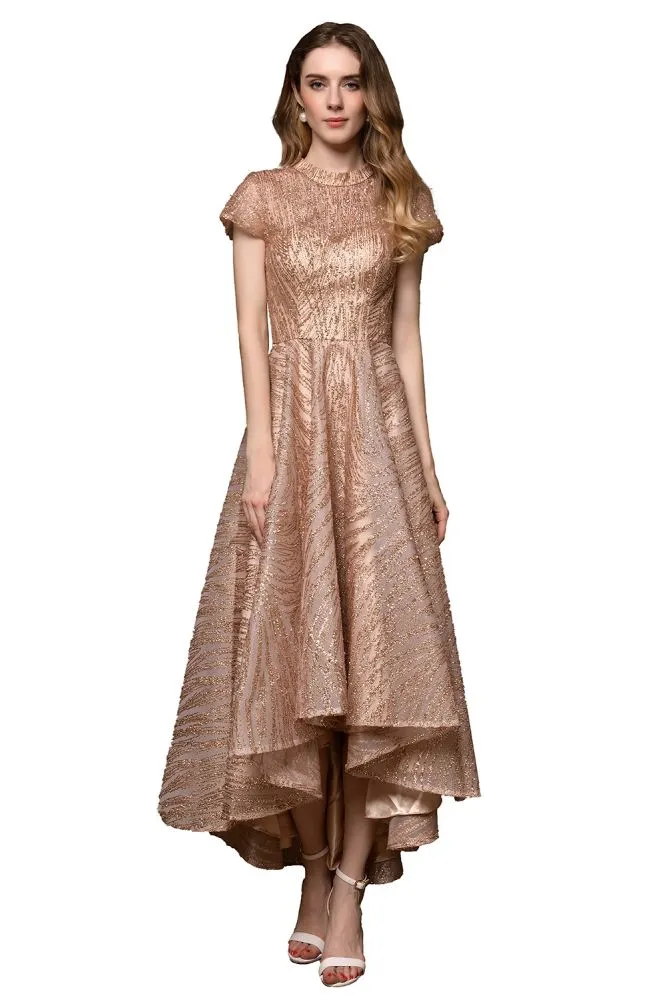 Short Sleeves Sequins Beading Hi-Lo Cocktail Dress