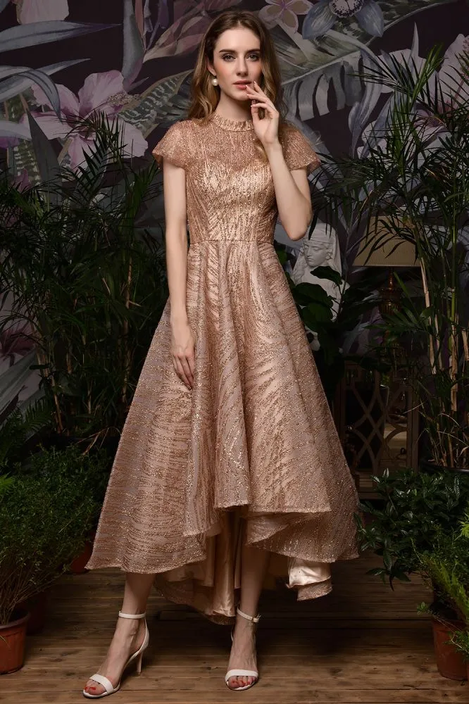 Short Sleeves Sequins Beading Hi-Lo Cocktail Dress