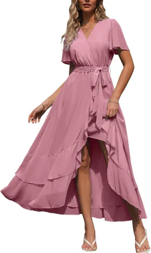 Simplee Womens Solid Chiffon Wrap Formal Maxi Ruffle Split Dress Flowy Bridesmaid Wedding Party Evening Dress with Belt