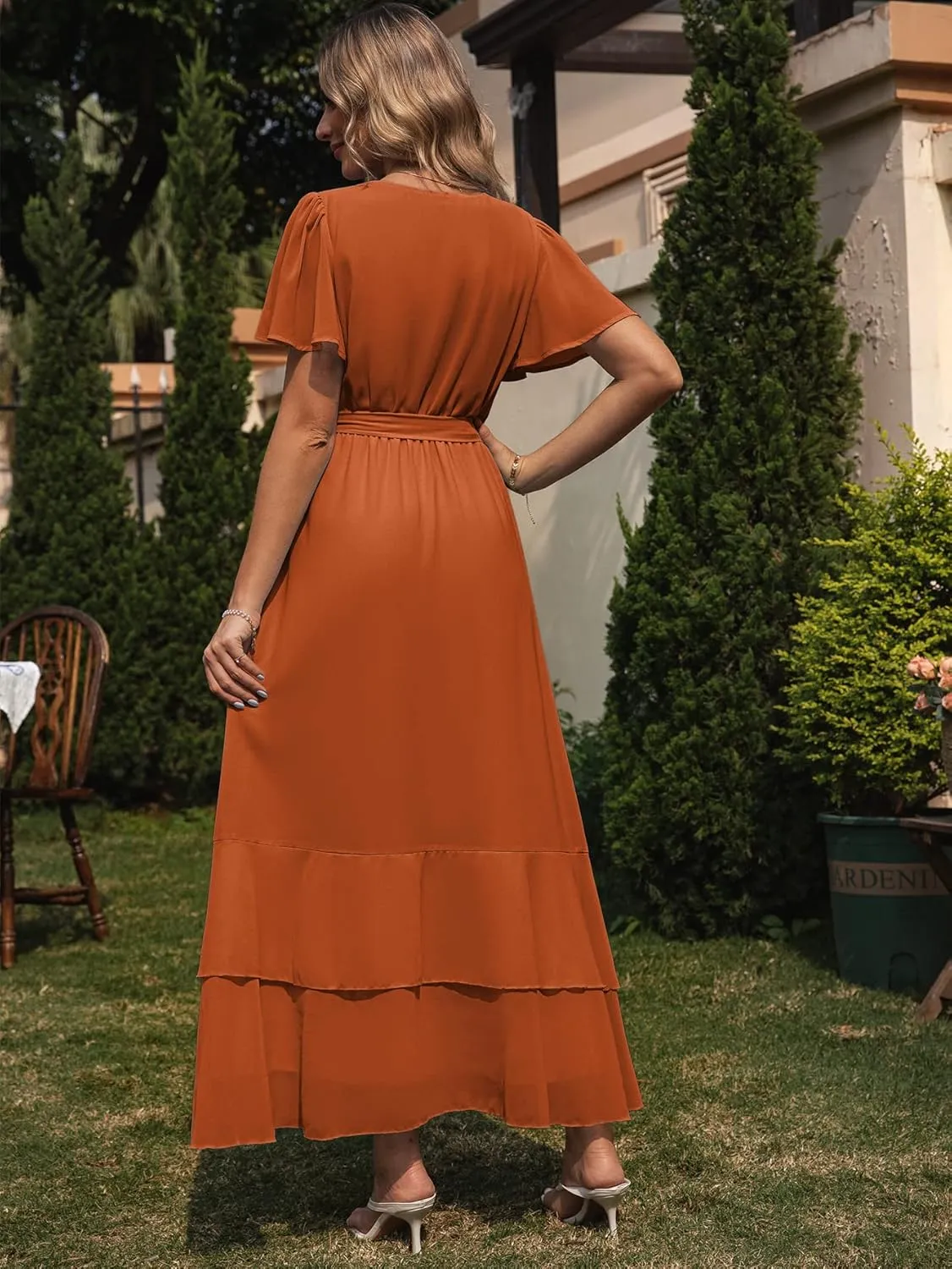 Simplee Womens Solid Chiffon Wrap Formal Maxi Ruffle Split Dress Flowy Bridesmaid Wedding Party Evening Dress with Belt