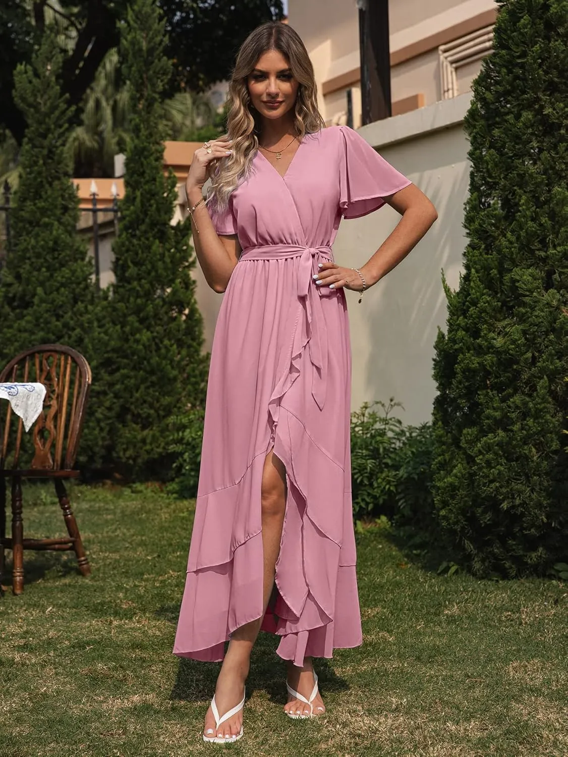 Simplee Womens Solid Chiffon Wrap Formal Maxi Ruffle Split Dress Flowy Bridesmaid Wedding Party Evening Dress with Belt