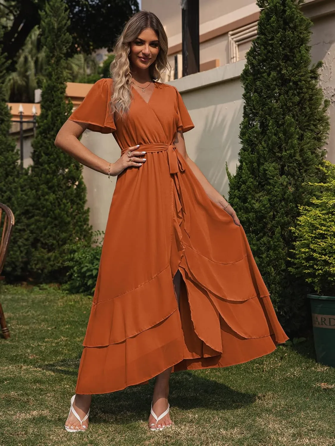 Simplee Womens Solid Chiffon Wrap Formal Maxi Ruffle Split Dress Flowy Bridesmaid Wedding Party Evening Dress with Belt