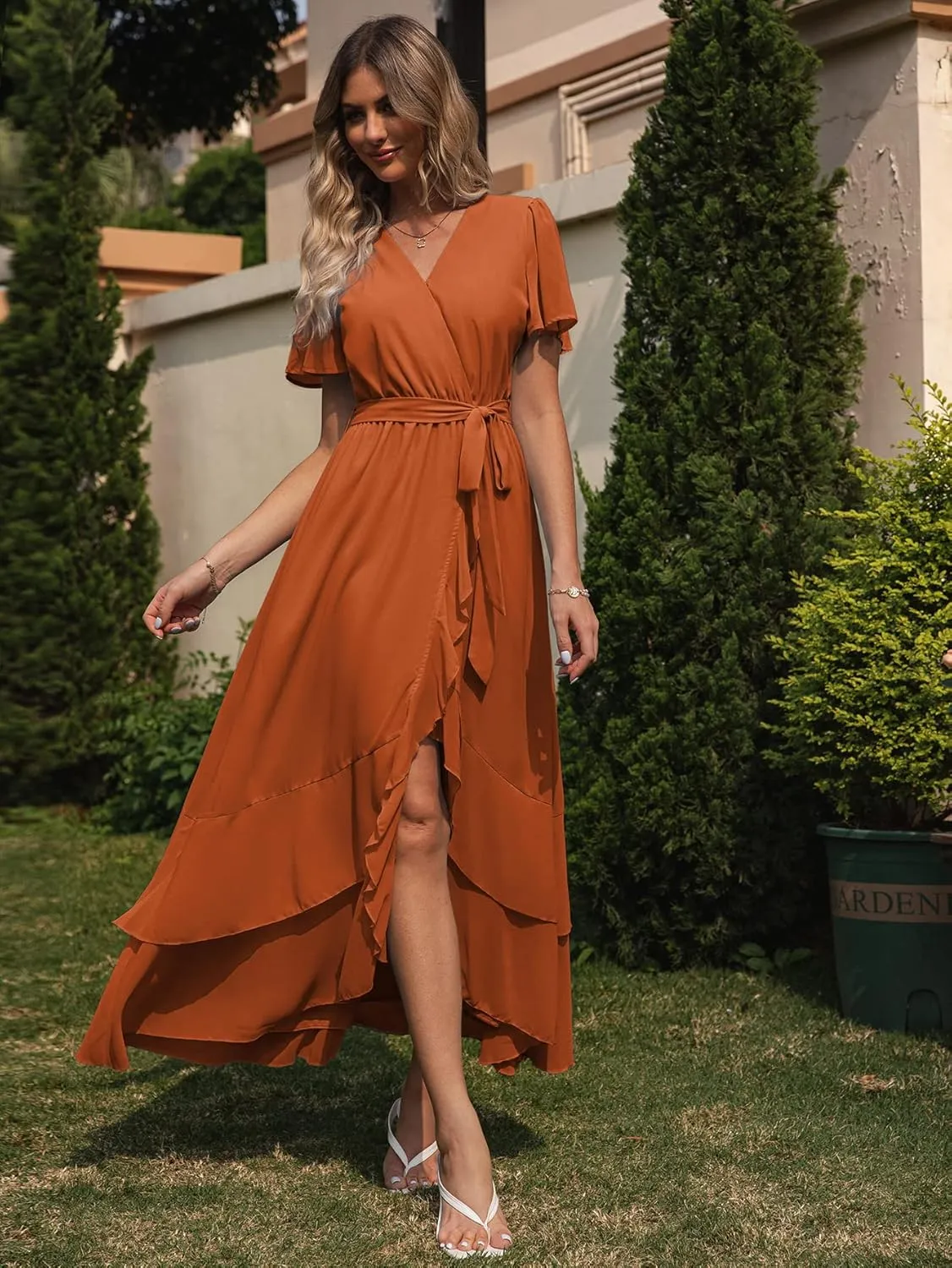 Simplee Womens Solid Chiffon Wrap Formal Maxi Ruffle Split Dress Flowy Bridesmaid Wedding Party Evening Dress with Belt