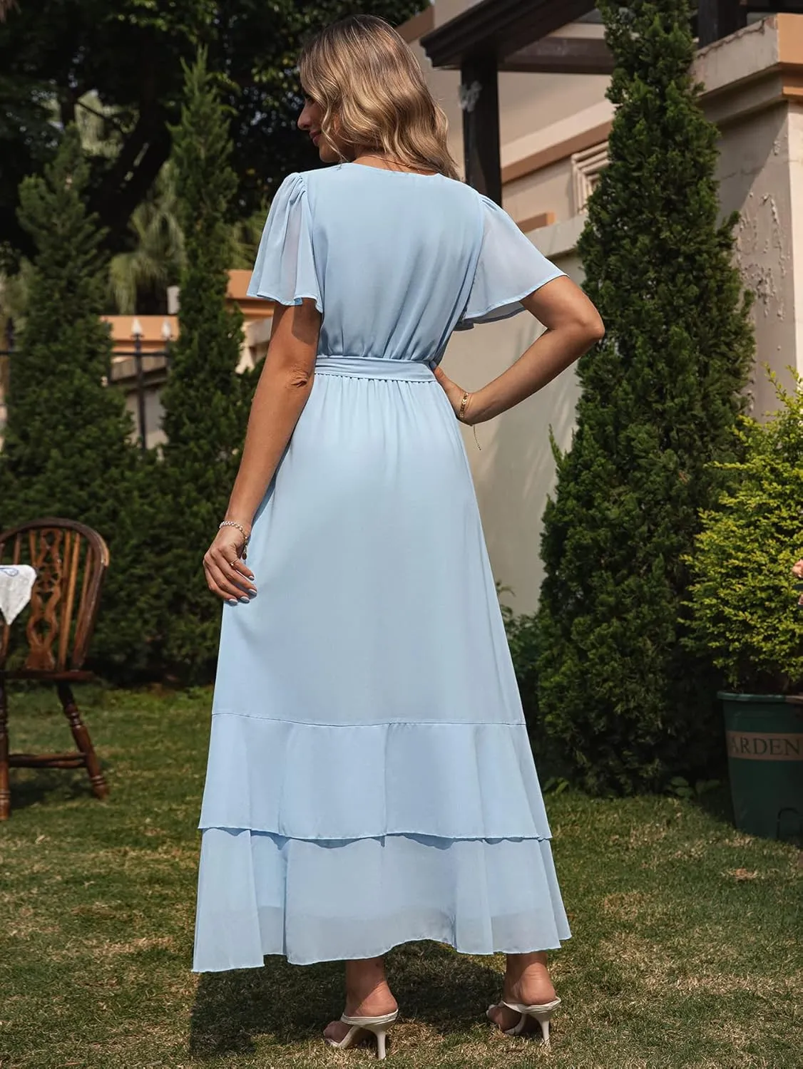 Simplee Womens Solid Chiffon Wrap Formal Maxi Ruffle Split Dress Flowy Bridesmaid Wedding Party Evening Dress with Belt