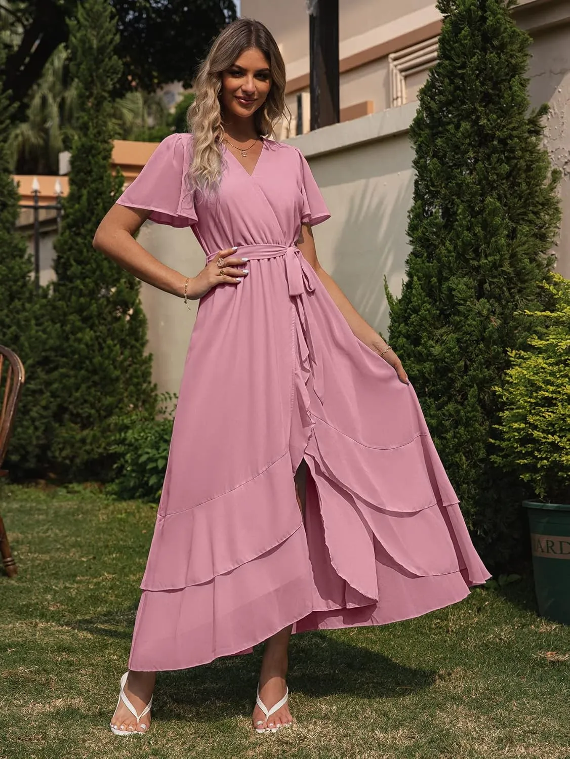 Simplee Womens Solid Chiffon Wrap Formal Maxi Ruffle Split Dress Flowy Bridesmaid Wedding Party Evening Dress with Belt