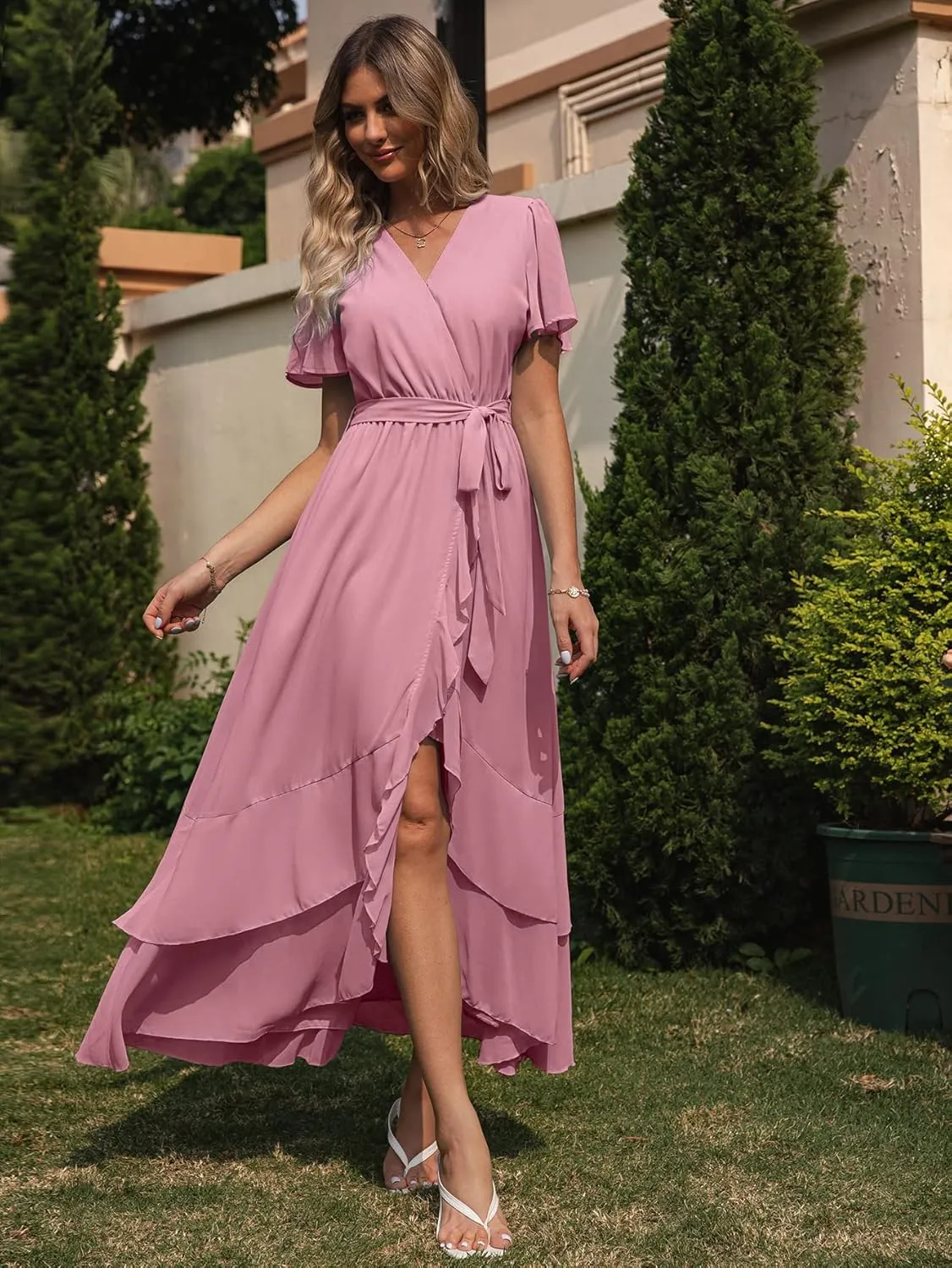 Simplee Womens Solid Chiffon Wrap Formal Maxi Ruffle Split Dress Flowy Bridesmaid Wedding Party Evening Dress with Belt