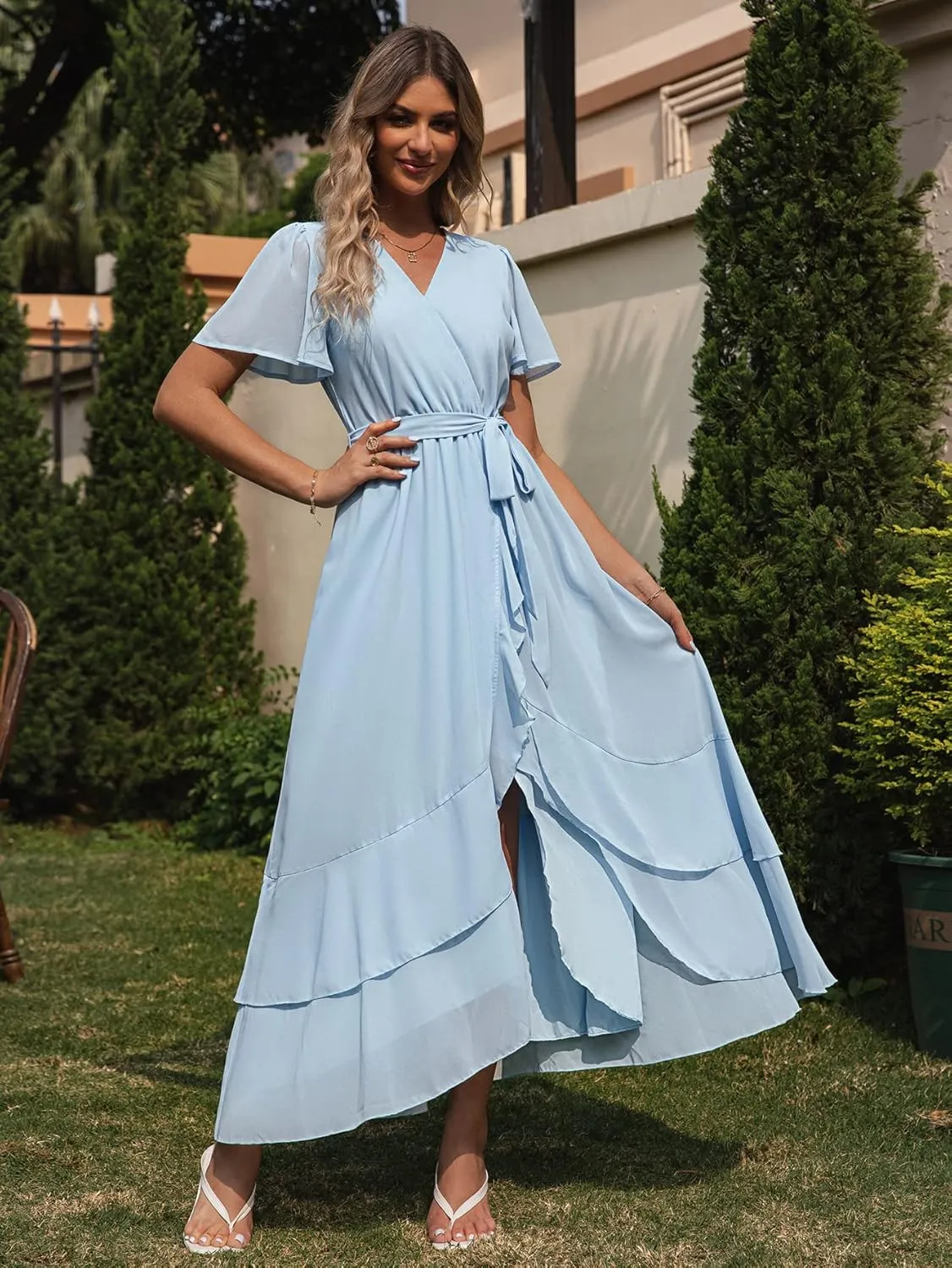 Simplee Womens Solid Chiffon Wrap Formal Maxi Ruffle Split Dress Flowy Bridesmaid Wedding Party Evening Dress with Belt