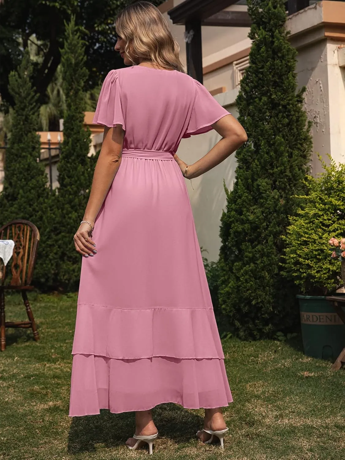 Simplee Womens Solid Chiffon Wrap Formal Maxi Ruffle Split Dress Flowy Bridesmaid Wedding Party Evening Dress with Belt